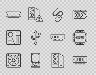 Set line Computer cooler, RAM, random access memory, mouse, Optical disc drive, Laptop, USB, Case of computer and Processor with CPU icon. Vector