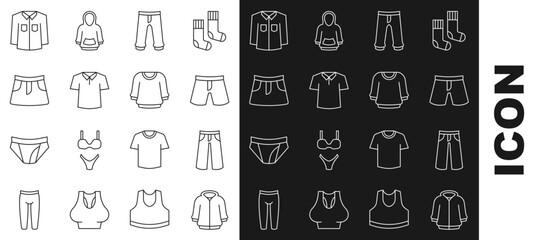 Set line Hoodie, Pants, Short or pants, Shirt, Skirt, and Sweater icon. Vector