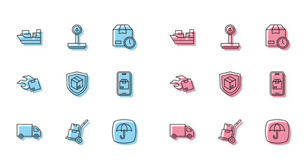 Set line Delivery cargo truck, Hand and boxes, Cargo ship with delivery, package umbrella, security shield, Mobile app tracking, Carton cardboard and Scale icon. Vector