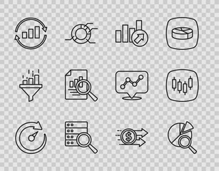 Set line Digital speed meter, Search data analysis, Financial growth, Server, Graph chart infographic, Document with, dollar and Browser stocks market icon. Vector