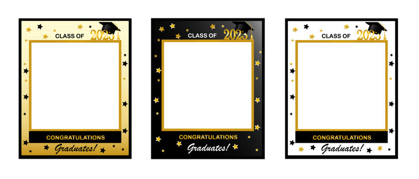 Class of 2023. Props for the prom photo studio. Photo frame for graduates with a cap. Congratulations to the graduates with the concept with the inscription. Vector illustration.