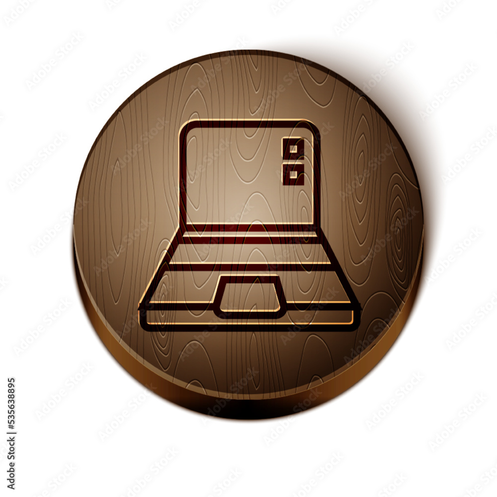 Poster brown line laptop icon isolated on white background. computer notebook with empty screen sign. woode