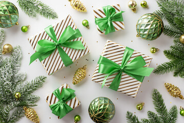 Christmas decorations concept. Top view photo of gift boxes with ribbon bows gold and green baubles pine cone ornaments confetti and fir branches in snow on isolated white background