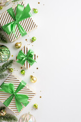 Christmas Day concept. Top view vertical photo of gift boxes with ribbon bows gold green baubles...