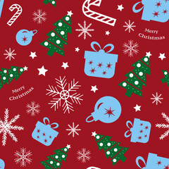 Winter seamless pattern with christmas decorations and christmas trees. Vector Illustration