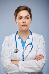 Serious doctor woman isolated close up face portrait.