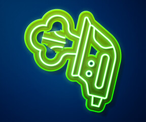 Glowing neon line Electric iron icon isolated on blue background. Steam iron. Vector