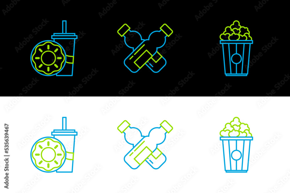 Sticker Set line Popcorn in cardboard box, Paper glass with drinking straw and donut and Crossed bottle of water icon. Vector