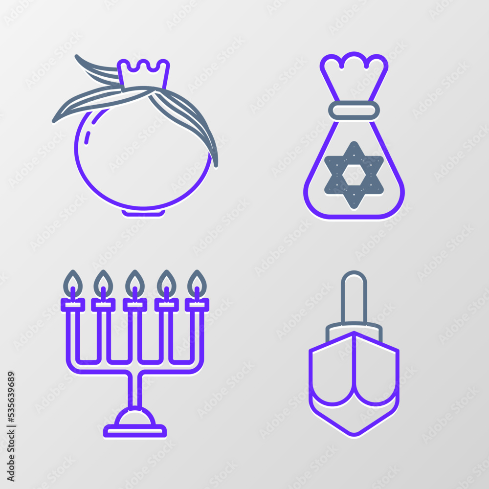 Wall mural set line hanukkah dreidel, menorah, jewish money bag with star of david and pomegranate icon. vector