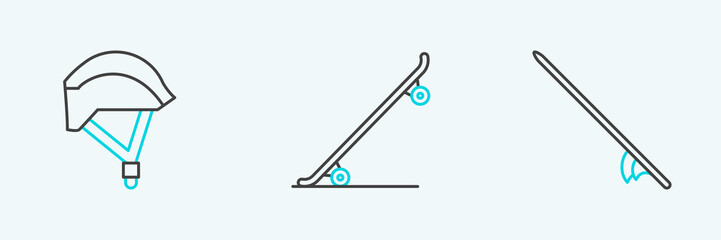 Set line Surfboard, Bicycle helmet and Skateboard icon. Vector