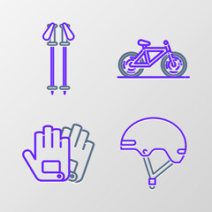 Set line Helmet, Gloves, Bicycle and Ski poles icon. Vector