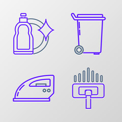 Set line Vacuum cleaner, Electric iron, Trash can and Plastic bottles for liquid dishwashing liquid icon. Vector
