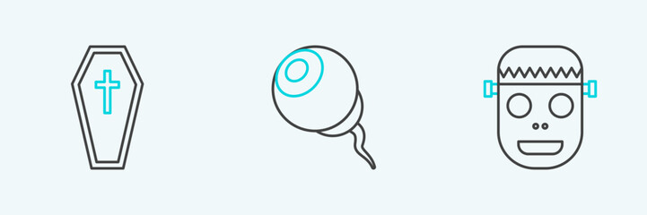 Obraz premium Set line Zombie mask, Coffin with christian cross and Eye icon. Vector