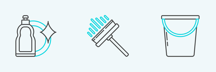 Set line Bucket, Plastic bottles for liquid dishwashing liquid and Squeegee, scraper, wiper icon. Vector