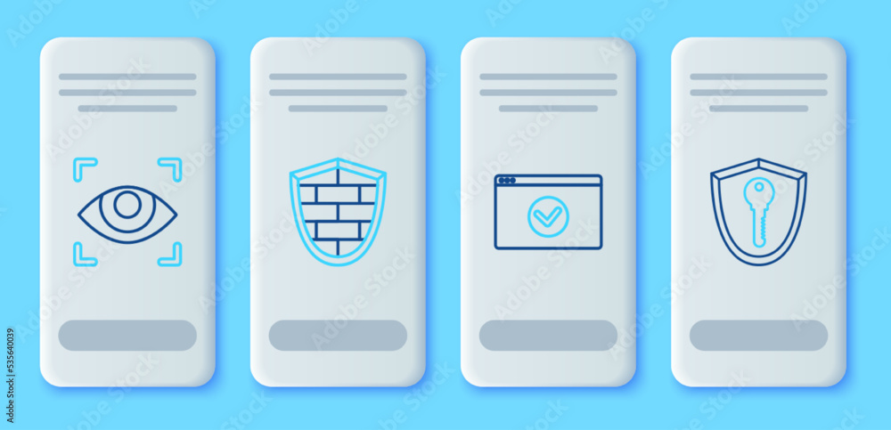 Poster set line shield with cyber security brick wall, secure your site https, ssl, eye scan and key icon. 