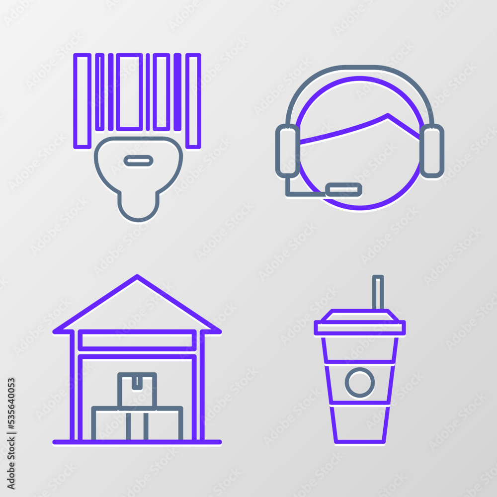 Poster set line coffee cup, warehouse, support operator in touch and scanner scanning bar code icon. vector