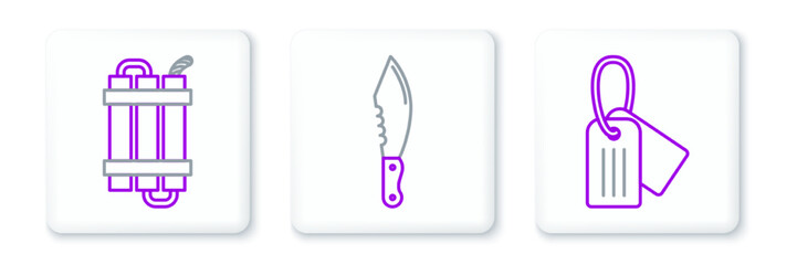 Set line Military dog tag, Detonate dynamite bomb stick and knife icon. Vector
