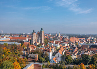 Fototapeta premium Aerial panorama: Autumn skyline of the Old Town of Ingolstadt, Bayern, Germany