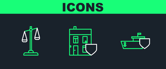 Set line Ship with shield, Scales of justice and House icon. Vector