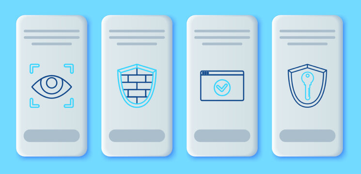 Set line Shield with cyber security brick wall, Secure your site HTTPS, SSL, Eye scan and key icon. Vector