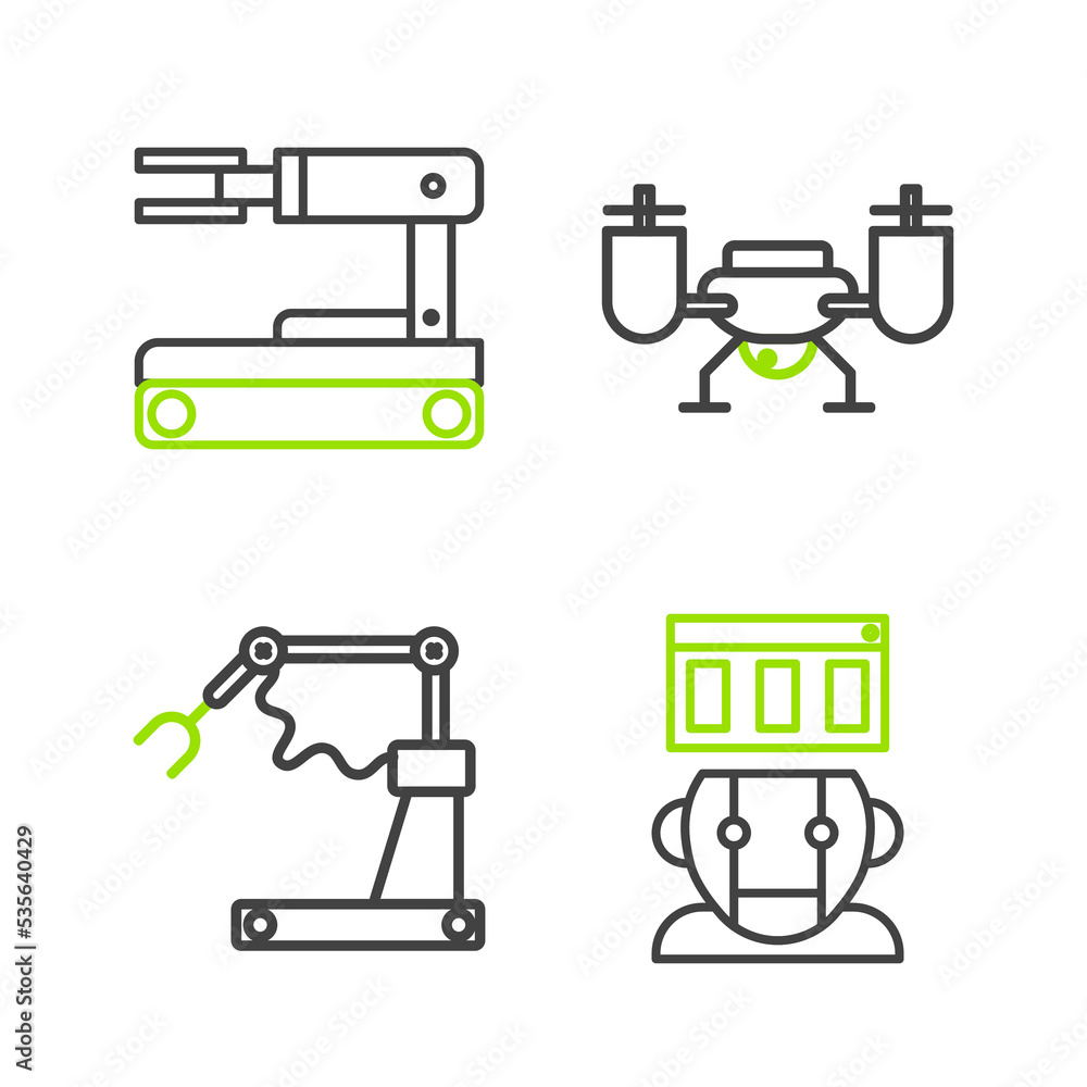 Poster set line robot, industrial machine robotic robot arm hand factory, drone flying with action camera a