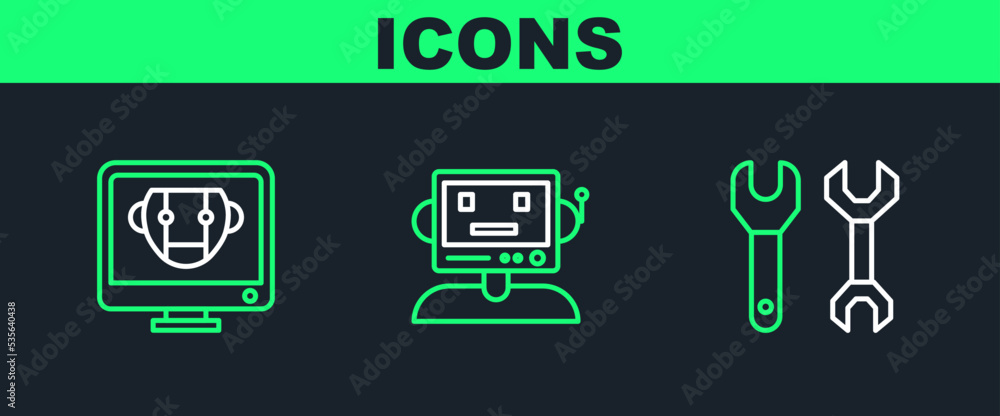 Poster set line spanner, bot and robot icon. vector