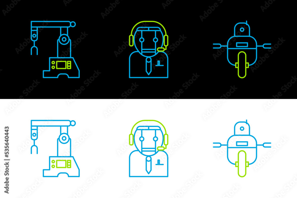 Poster set line robot, assembly line and worker robot icon. vector