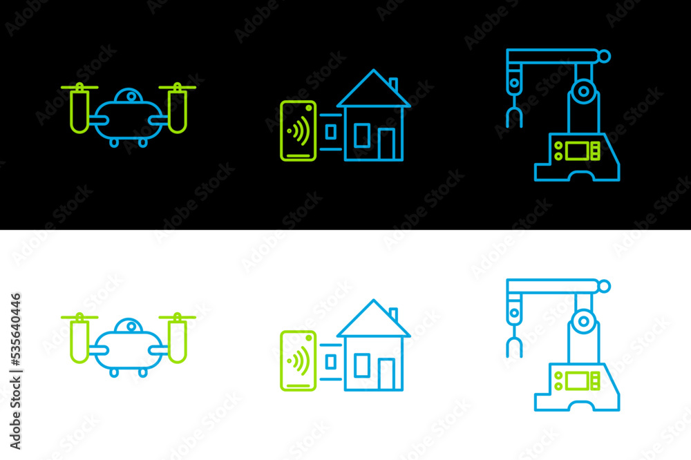 Poster set line assembly line, drone flying with action camera and smart home icon. vector