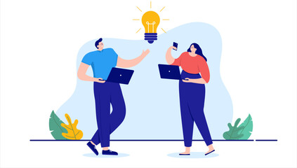 Great idea - Two business people man and woman working on ideas smiling and being happy with light bulb. Flat design cartoon illustration with white background