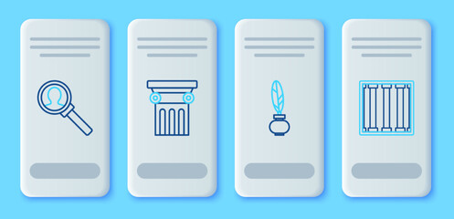 Set line Law pillar, Feather and inkwell, Magnifying glass for search and Prison window icon. Vector