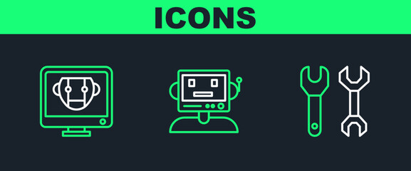 Set line Spanner, Bot and Robot icon. Vector