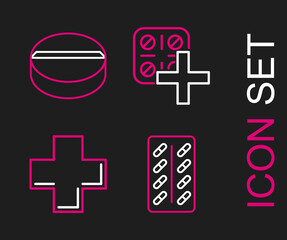 Set line Pills in blister pack, Cross hospital medical, and Medicine pill or tablet icon. Vector