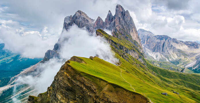 Wonderful landscape of  the Dolomites Alps. Odle mountain range, Seceda peak in Dolomites, Italy. Artistic picture. Beauty world.