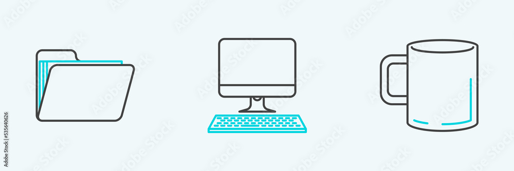 Poster set line coffee cup flat, document folder and computer monitor with keyboard icon. vector