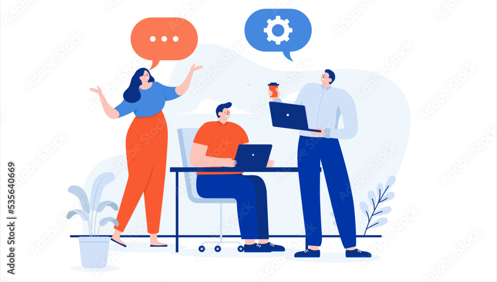 Aufkleber Team discussion - Business people in office talking communicating and discussing work project. Flat design cartoon illustration with white background