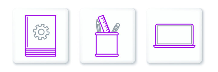 Set line Laptop, User manual and Pencil case stationery icon. Vector