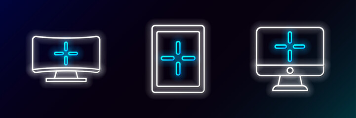 Fototapeta premium Set line Computer monitor, and Tablet icon. Glowing neon. Vector