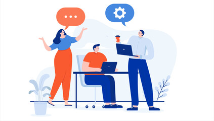 Team discussion - Business people in office talking communicating and discussing work project. Flat design cartoon illustration with white background