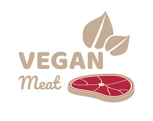 Obraz premium Vector icon or logo of vegan meat – plant-based or cultured lab-grown meat. Vegan steak flat icon and text vegan meat with leaf isolated on a white background. Sustainable future meat substitute.