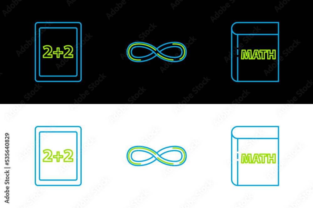 Poster set line book with word mathematics, tablet calculator and infinity icon. vector