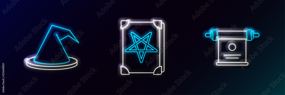 Canvas Prints set line magic scroll, witch hat and ancient magic book icon. glowing neon. vector