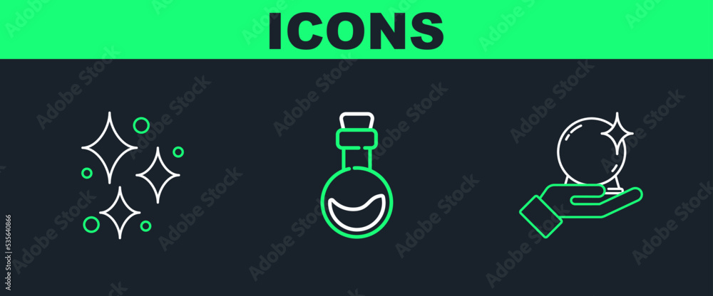 Canvas Prints set line magic ball on hand, sparkle stars with magical glitter and bottle love potion icon. vector