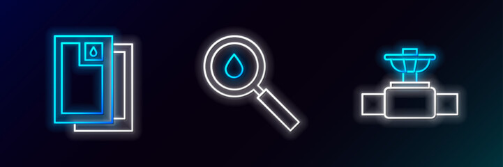 Fototapeta premium Set line Industry pipe and valve, Barrel oil and Oil drop icon. Glowing neon. Vector