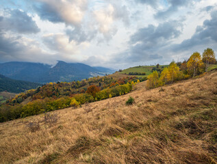 Naklejka premium Cloudy and foggy day autumn mountains scene. Peaceful picturesque traveling, seasonal, nature and countryside beauty concept scene. Carpathian Mountains, Ukraine.