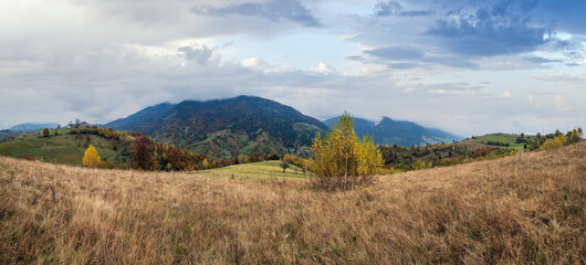 Cloudy and foggy day autumn mountains scene. Peaceful picturesque traveling, seasonal, nature and countryside beauty concept scene. Carpathian Mountains, Ukraine.