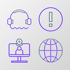 Fototapeta premium Set line Social network, Video chat conference, Information and Headphones icon. Vector