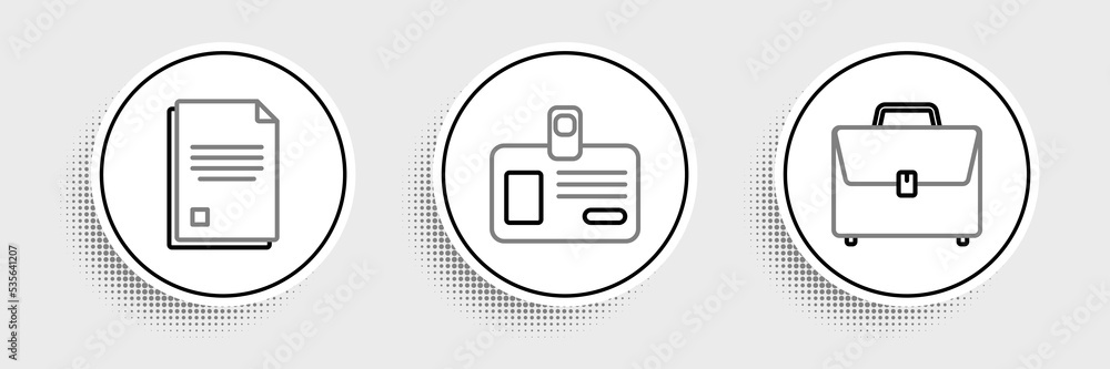 Poster set line briefcase, file document and identification badge icon. vector