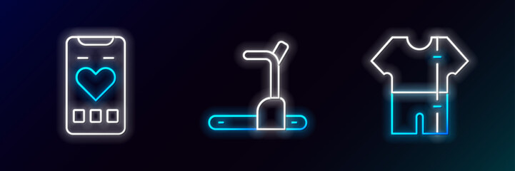 Set line Sport track suit, Mobile with heart rate and Treadmill machine icon. Glowing neon. Vector