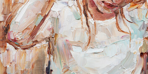 Beautiful pensive young girl with flower in her hair. Created in expressive manner and light colors, palette knife technique of oil painting and brush.