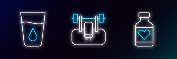Set line Vitamin pill, Glass with water and Bench barbel icon. Glowing neon. Vector